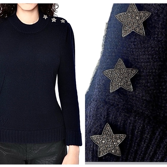 Zadig & Voltaire Betson Cashmere Sweater Navy Rhinestone Star Buttons Sz S NWT - Picture 1 of 8